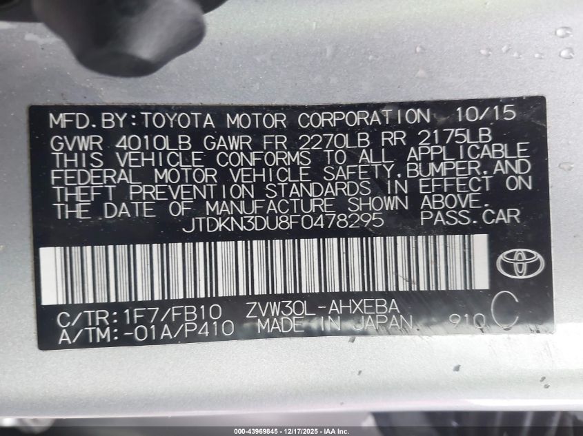 2015 Toyota Prius Three VIN: JTDKN3DU8F0478295 Lot: 43969845