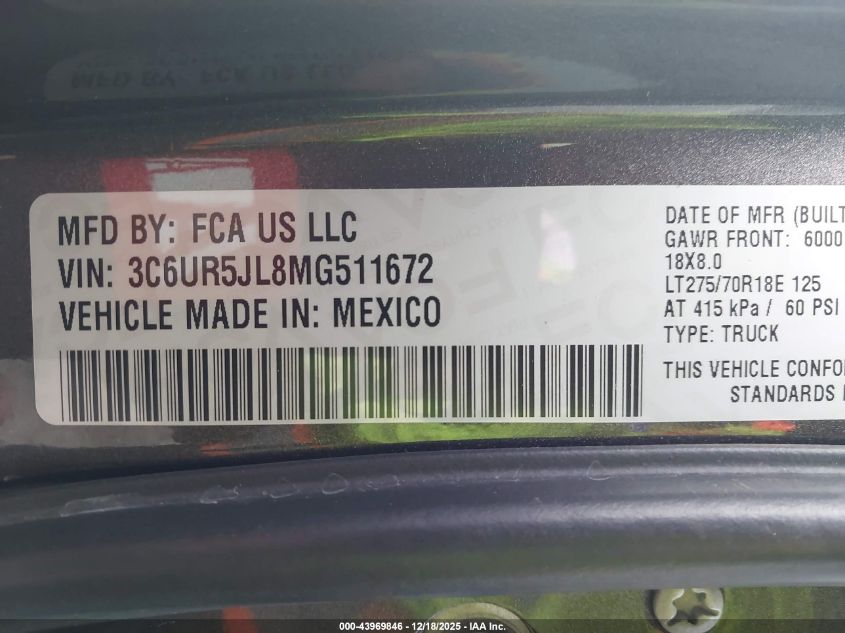 2021 Ram 2500 Big Horn 4X4 8' Box VIN: 3C6UR5JL8MG511672 Lot: 43969846