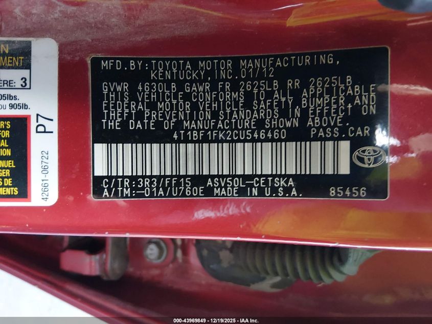 2012 Toyota Camry Se VIN: 4T1BF1FK2CU546460 Lot: 43969849