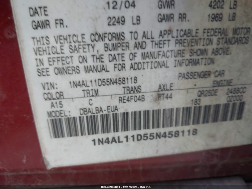2005 Nissan Altima 2.5 S VIN: 1N4AL11D55N458118 Lot: 43969851