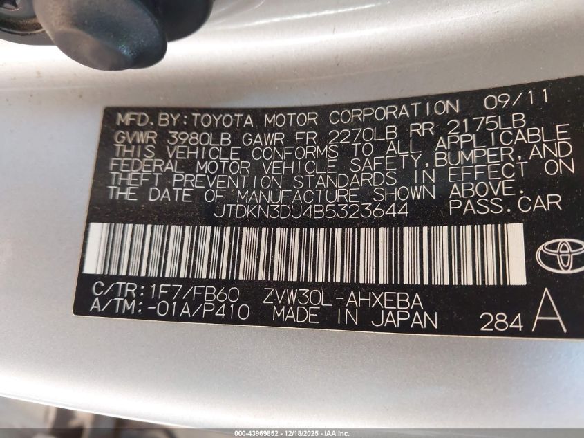 2011 Toyota Prius Two VIN: JTDKN3DU4B5323644 Lot: 43969852