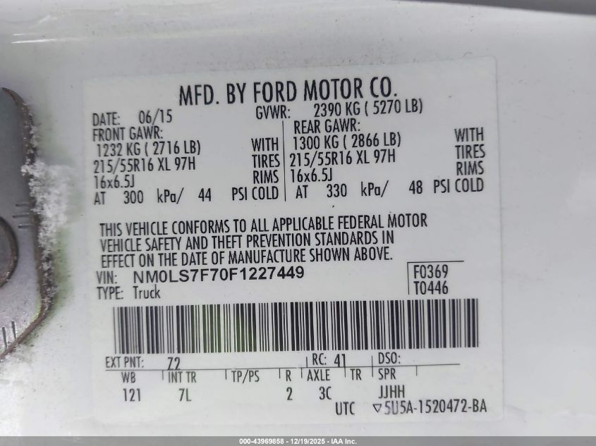 2015 Ford Transit Connect Xlt VIN: NM0LS7F70F1227449 Lot: 43969858