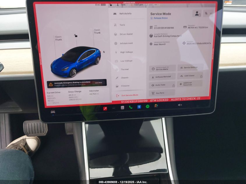 2018 Tesla Model 3 Long Range/Performance VIN: 5YJ3E1EB1JF088199 Lot: 43969859