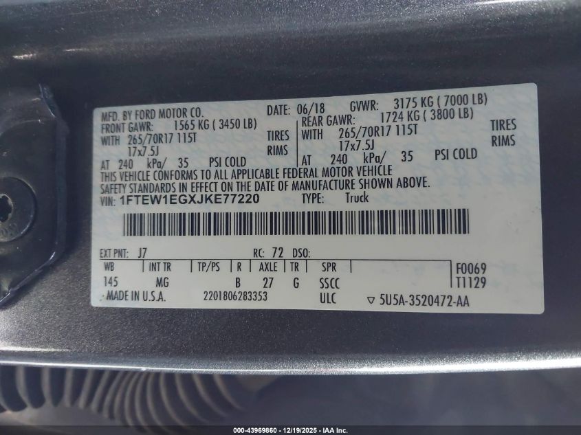 2018 Ford F-150 Xlt VIN: 1FTEW1EGXJKE77220 Lot: 43969860