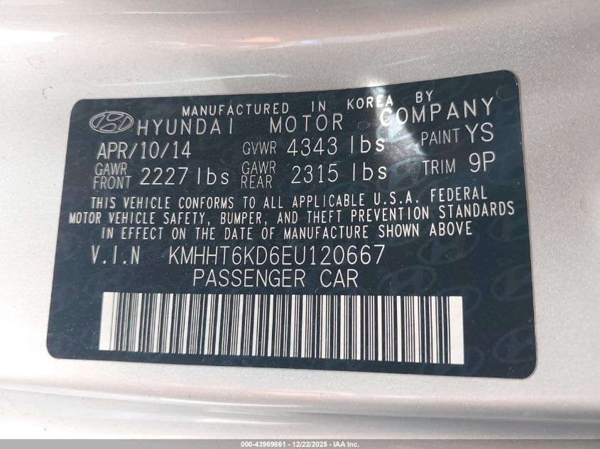 2014 Hyundai Genesis 2.0T Premium VIN: KMHHT6KD6EU120667 Lot: 43969861