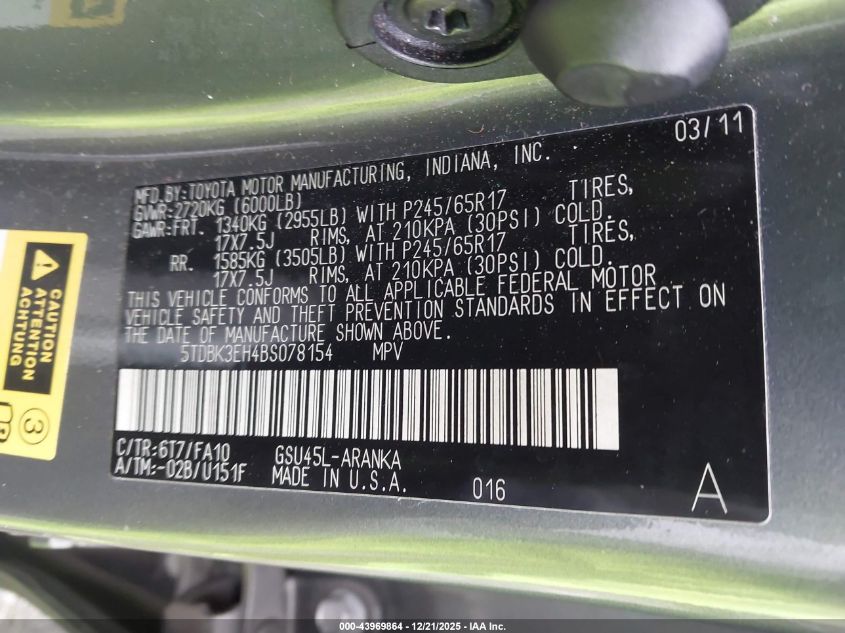 2011 Toyota Highlander Base V6 VIN: 5TDBK3EH4BS078154 Lot: 43969864