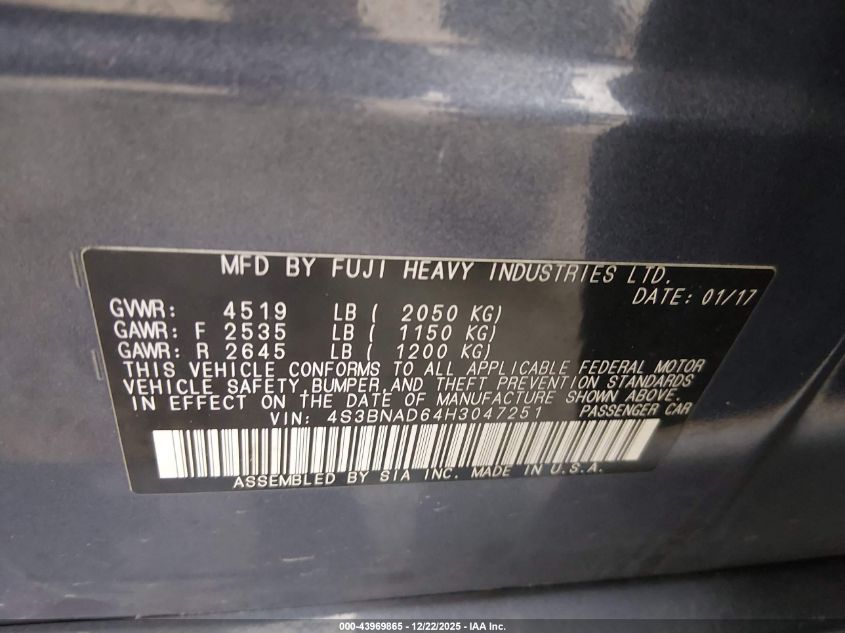 2017 Subaru Legacy 2.5I Premium VIN: 4S3BNAD64H3047251 Lot: 43969865