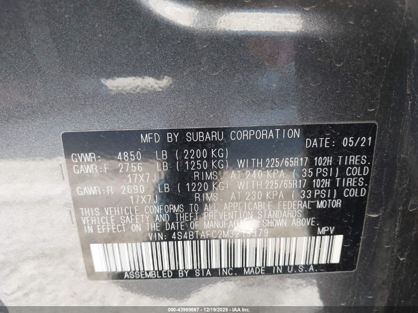 2021 Subaru Outback Premium VIN: 4S4BTAFC2M3219579 Lot: 43969867