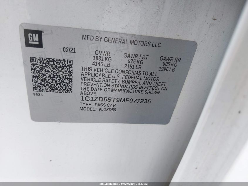 2021 Chevrolet Malibu Fwd Lt VIN: 1G1ZD5ST9MF077235 Lot: 43969869