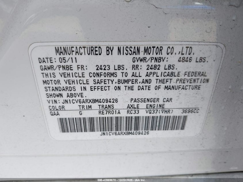 2011 Infiniti G37X VIN: JN1CV6ARXBM409426 Lot: 43969870