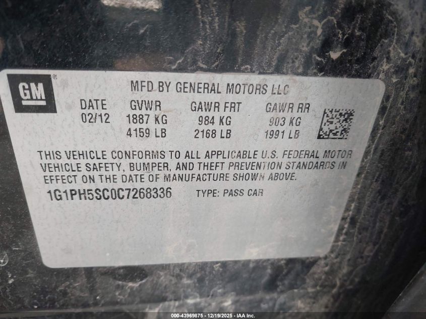 2012 Chevrolet Cruze Ltz VIN: 1G1PH5SC0C7268336 Lot: 43969875