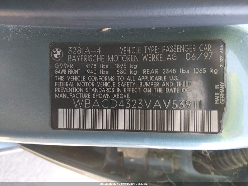 1997 BMW 328I VIN: WBACD4323VAV53911 Lot: 43969877