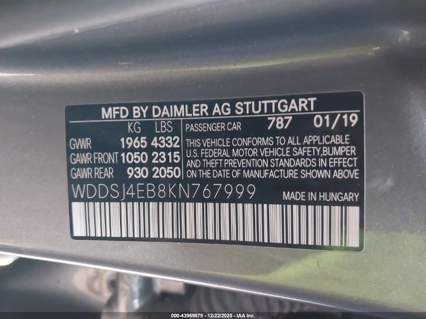 2019 Mercedes-Benz Cla 250 VIN: WDDSJ4EB8KN767999 Lot: 43969879