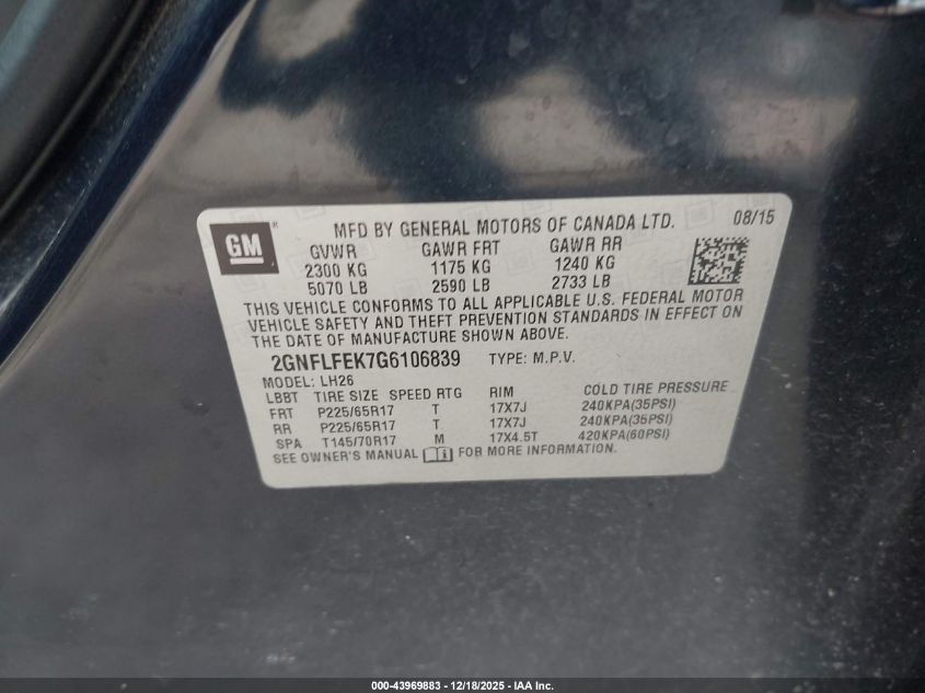 2016 Chevrolet Equinox Lt VIN: 2GNFLFEK7G6106839 Lot: 43969883