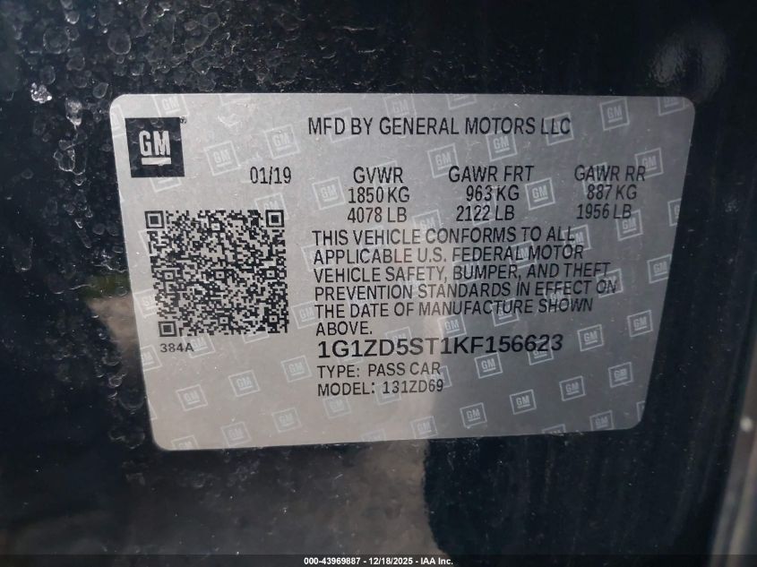 2019 Chevrolet Malibu Lt VIN: 1G1ZD5ST1KF156623 Lot: 43969887