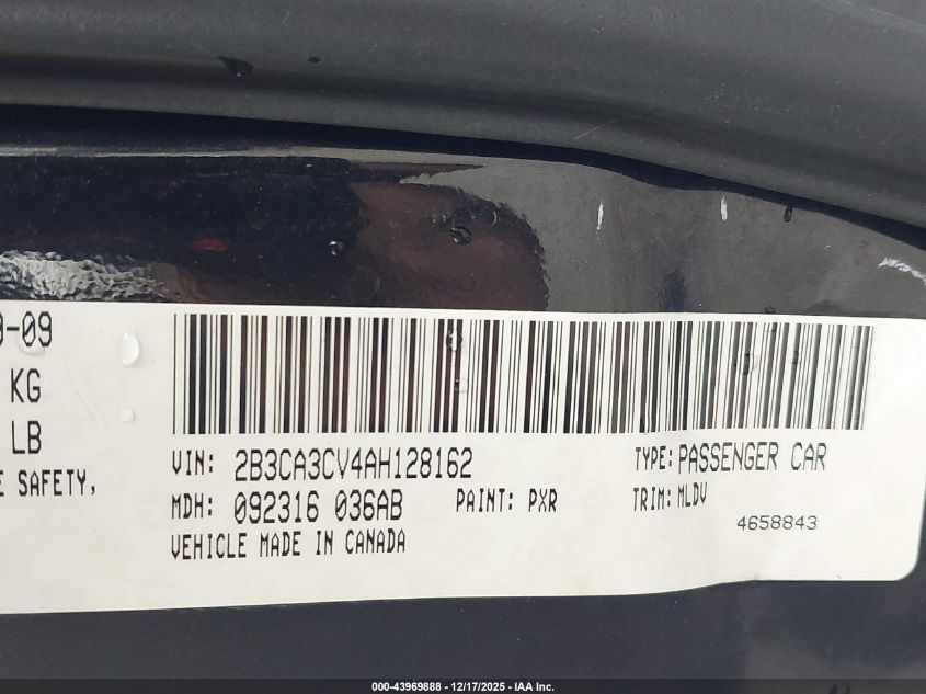 2010 Dodge Charger Sxt VIN: 2B3CA3CV4AH128162 Lot: 43969888