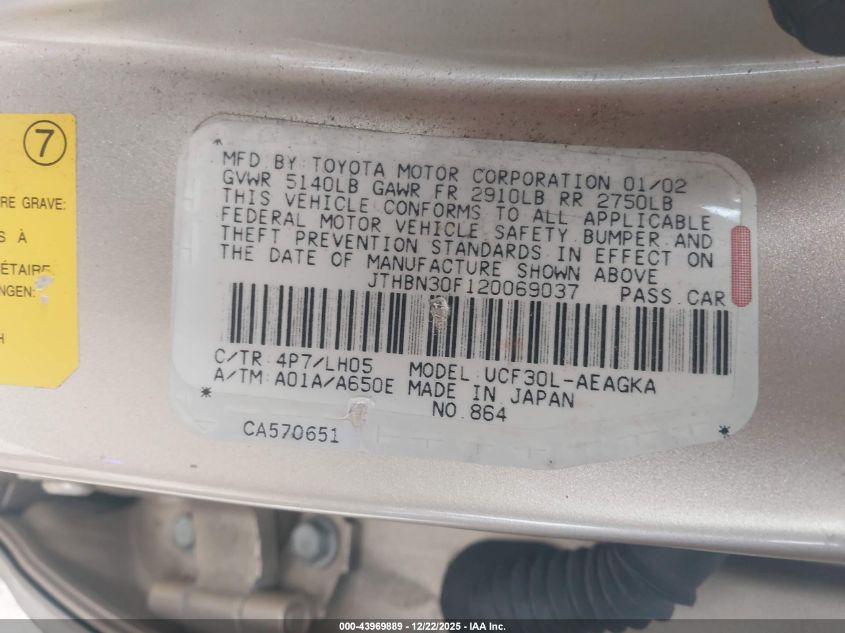 2002 Lexus Ls 430 VIN: JTHBN30F120069037 Lot: 43969889