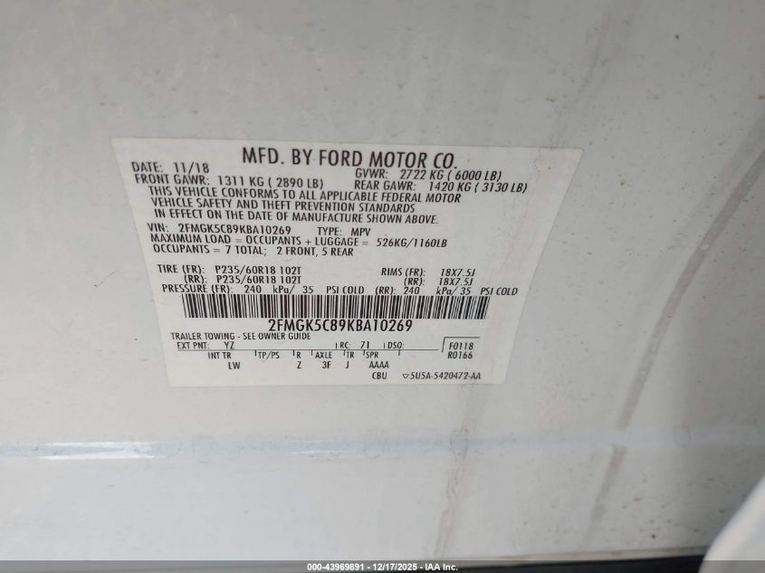 2019 Ford Flex Sel VIN: 2FMGK5C89KBA10269 Lot: 43969891