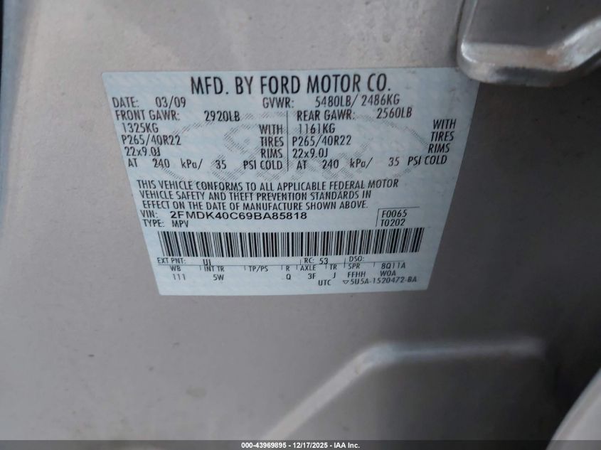 2009 Ford Edge Sport VIN: 2FMDK40C69BA85818 Lot: 43969895