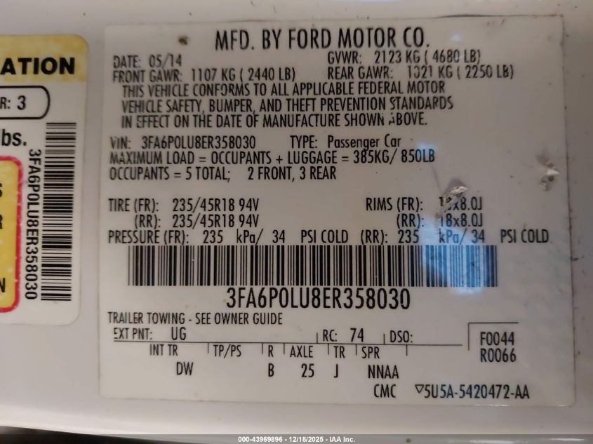 2014 Ford Fusion Hybrid Se VIN: 3FA6P0LU8ER358030 Lot: 43969896