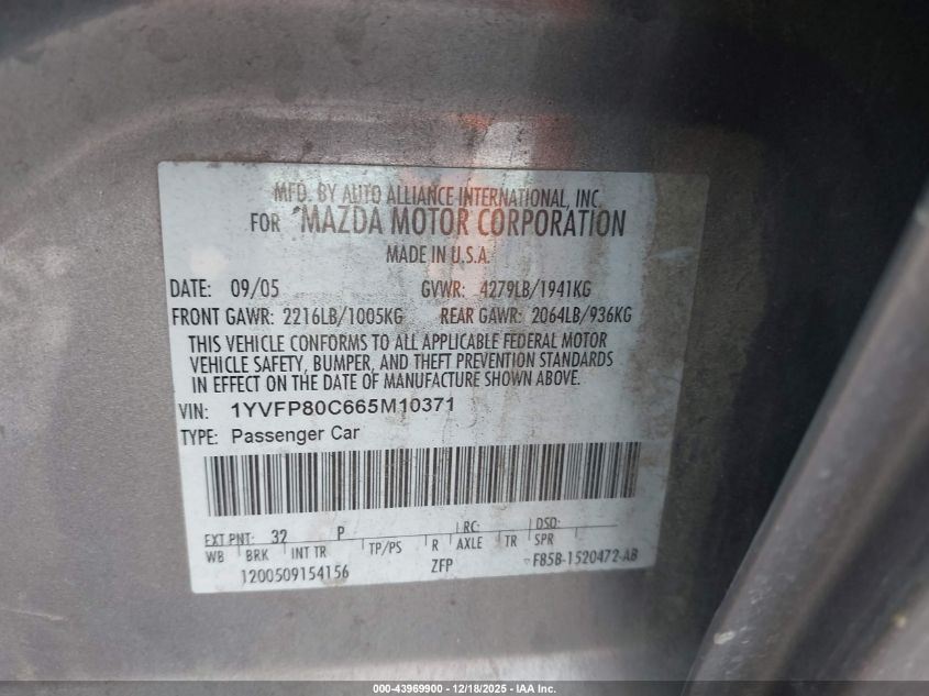 2006 Mazda Mazda6 I VIN: 1YVFP80C665M10371 Lot: 43969900