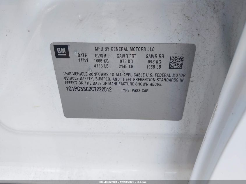 2012 Chevrolet Cruze 2Lt VIN: 1G1PG5SC2C7222512 Lot: 43969901