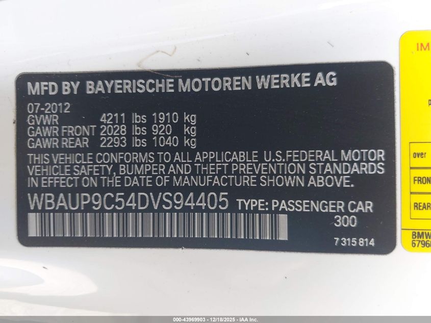2013 BMW 128I VIN: WBAUP9C54DVS94405 Lot: 43969903