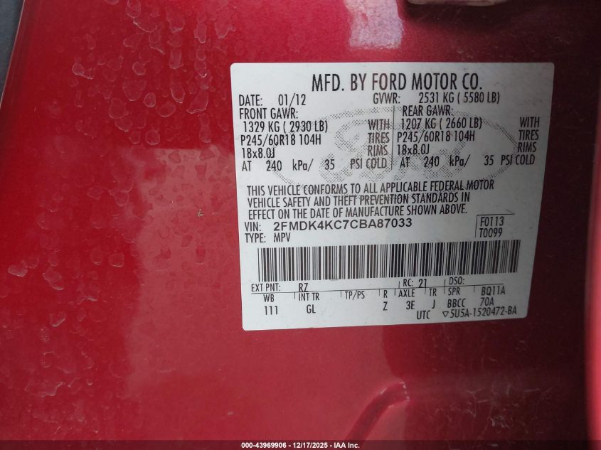 2012 Ford Edge Limited VIN: 2FMDK4KC7CBA87033 Lot: 43969906