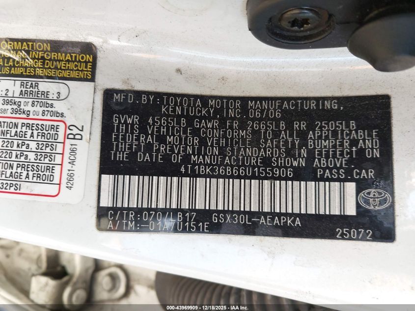 2006 Toyota Avalon Limited VIN: 4T1BK36B66U155906 Lot: 43969909