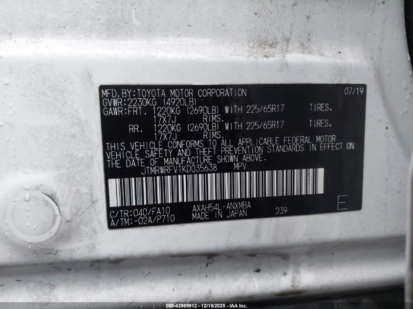 2019 Toyota Rav4 Hybrid Xle VIN: JTMRWRFV1KD035638 Lot: 43969912