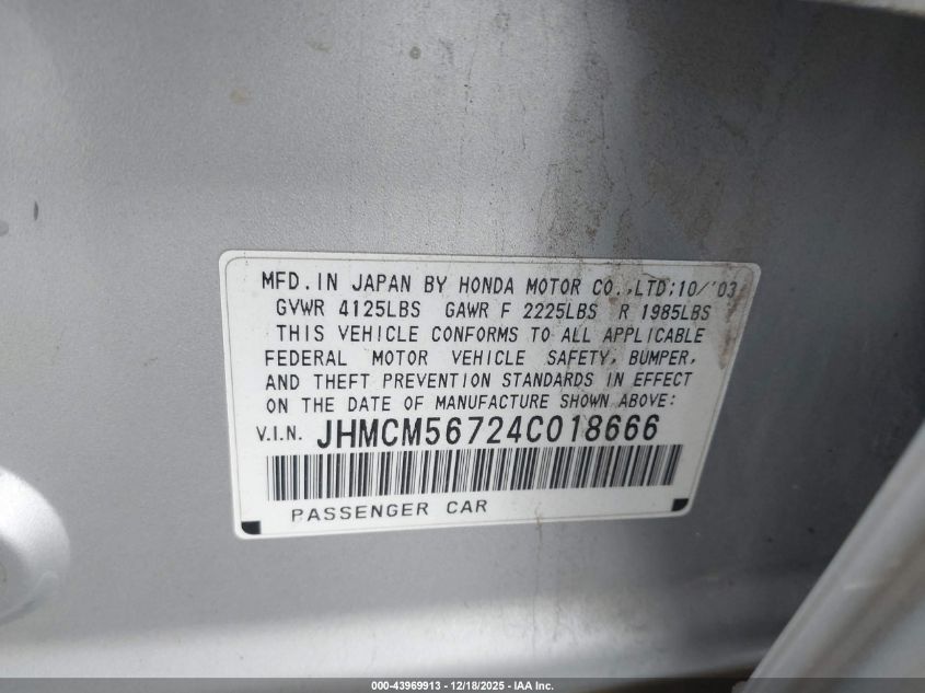 2004 Honda Accord 2.4 Ex VIN: JHMCM56724C018666 Lot: 43969913