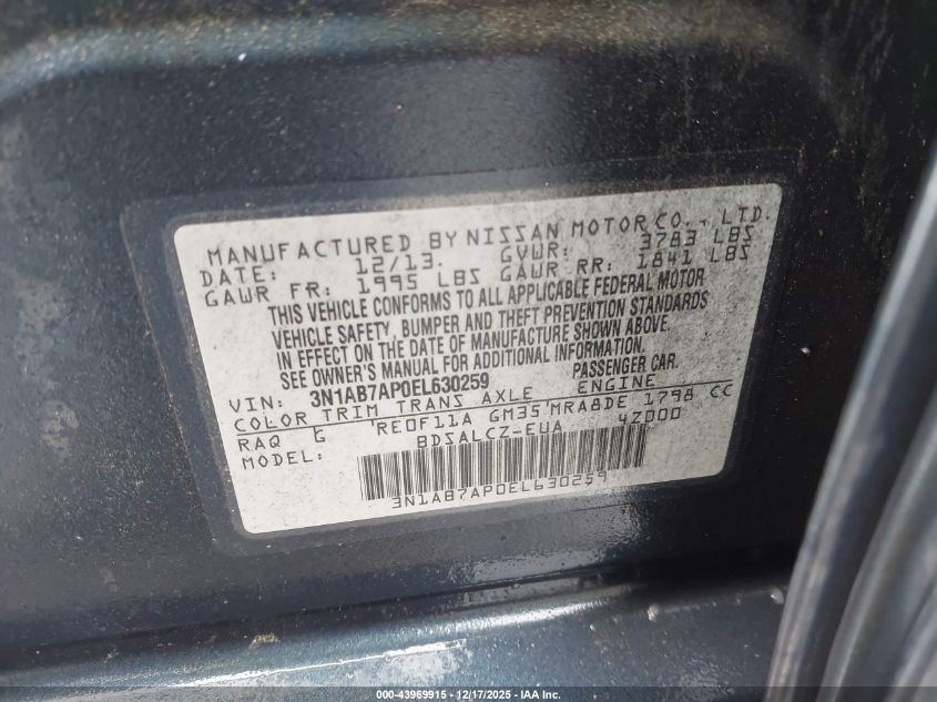 2014 Nissan Sentra S VIN: 3N1AB7AP0EL630259 Lot: 43969915