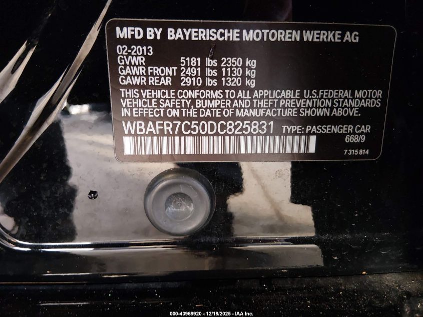 2013 BMW 535I VIN: WBAFR7C50DC825831 Lot: 43969920
