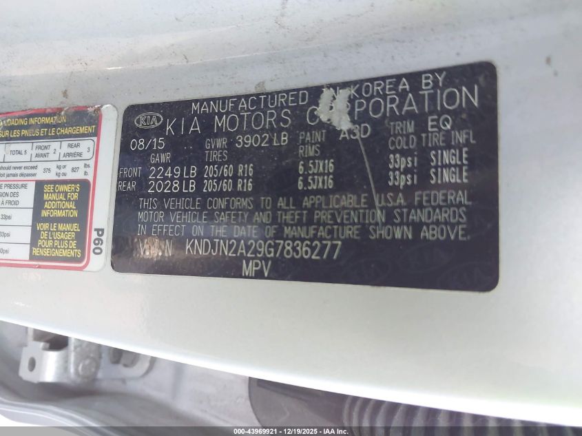 2016 Kia Soul VIN: KNDJN2A29G7836277 Lot: 43969921