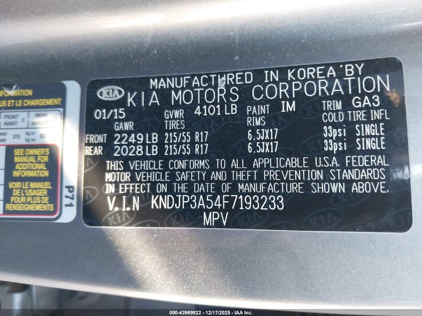 2015 Kia Soul + VIN: KNDJP3A54F7193233 Lot: 43969922