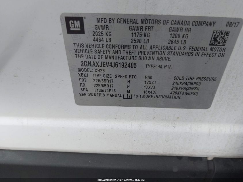 2018 Chevrolet Equinox Lt VIN: 2GNAXJEV4J6192405 Lot: 43969932