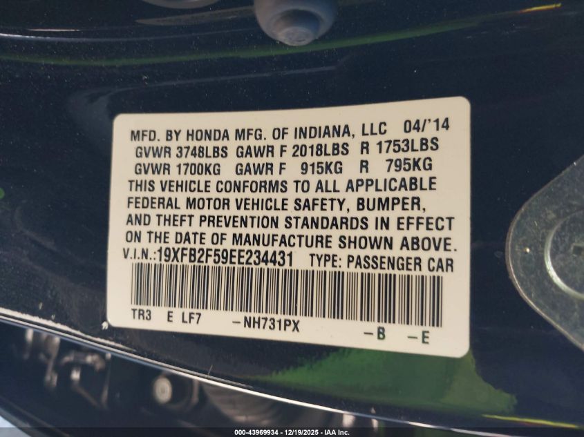 2014 Honda Civic Lx VIN: 19XFB2F59EE234431 Lot: 43969934