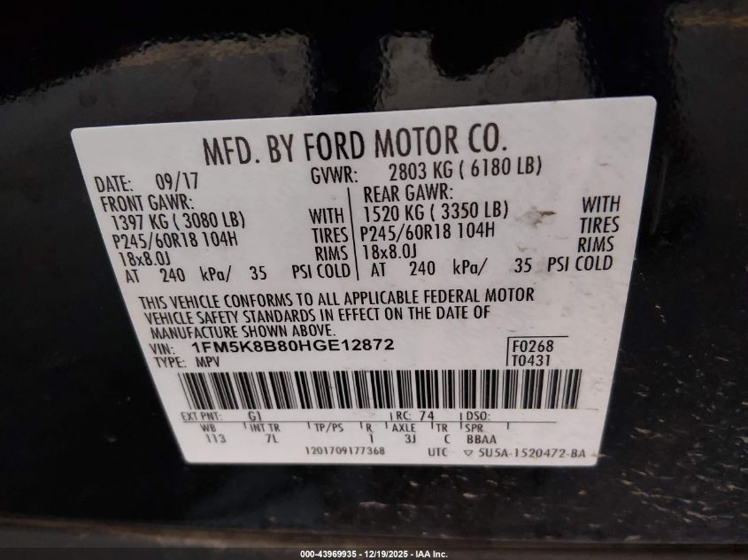 2017 Ford Explorer VIN: 1FM5K8B80HGE12872 Lot: 43969935