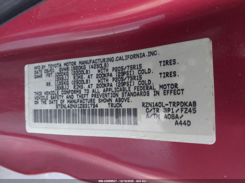 2001 Toyota Tacoma VIN: 5TENL42NX1Z831794 Lot: 43969937