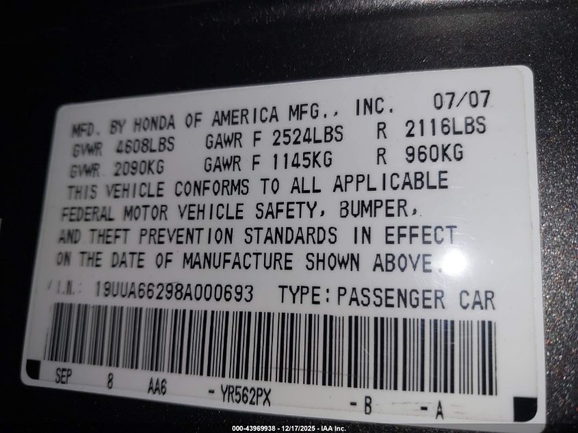 2008 Acura Tl 3.2 VIN: 19UUA66298A000693 Lot: 43969938