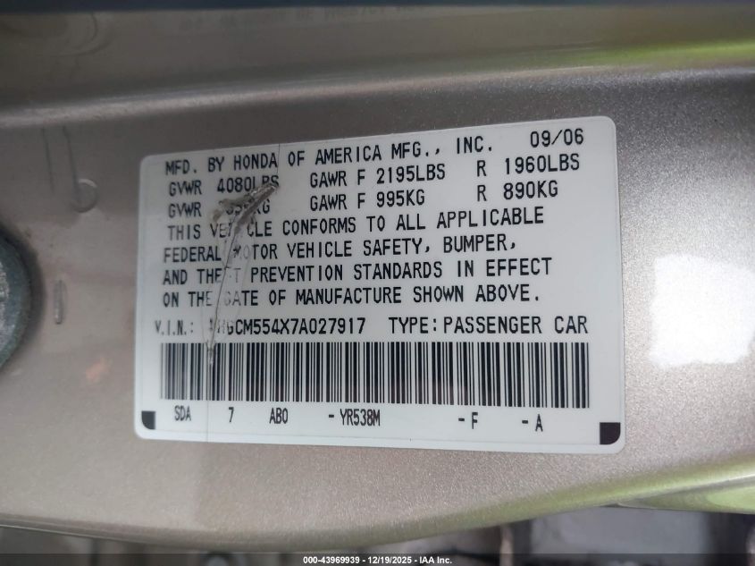 2007 Honda Accord 2.4 Lx VIN: 1HGCM554X7A027917 Lot: 43969939