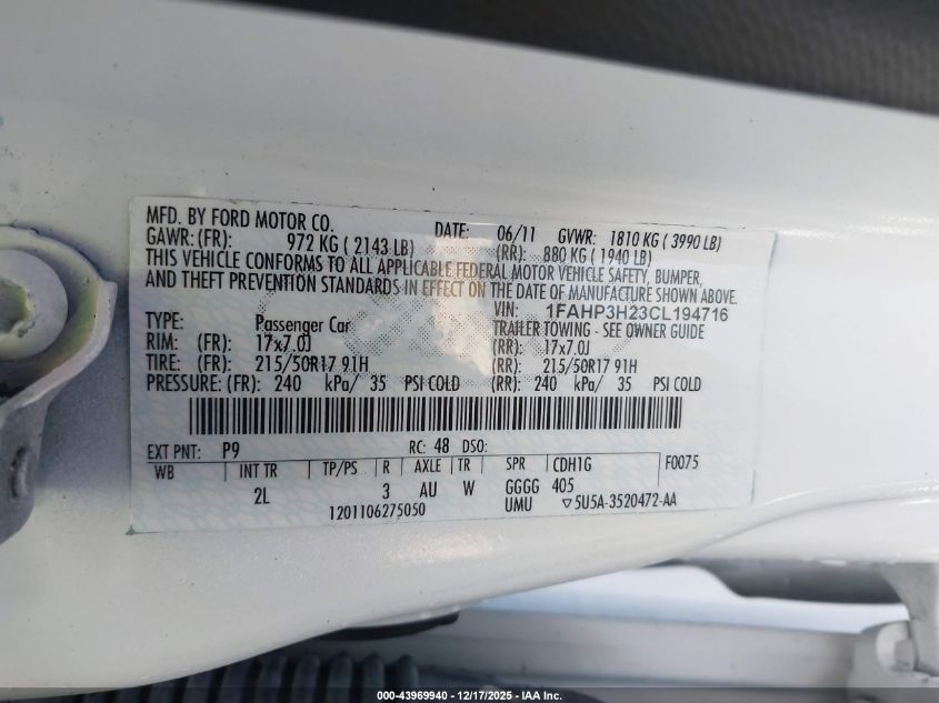 2012 Ford Focus Sel VIN: 1FAHP3H23CL194716 Lot: 43969940