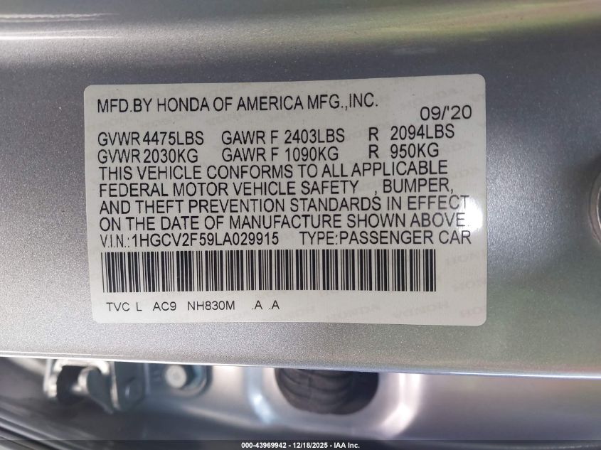 2020 Honda Accord Ex-L 2.0T VIN: 1HGCV2F59LA029915 Lot: 43969942
