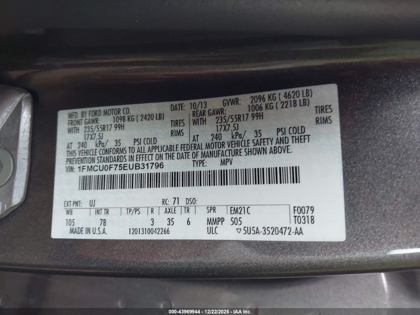 2014 Ford Escape S VIN: 1FMCU0F75EUB31796 Lot: 43969944