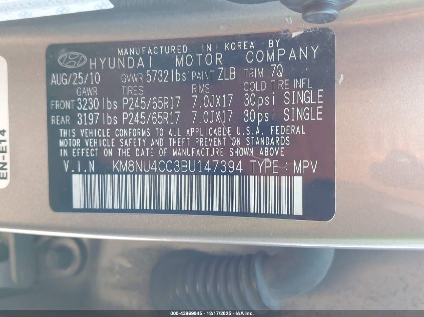 2011 Hyundai Veracruz Gls VIN: KM8NU4CC3BU147394 Lot: 43969945