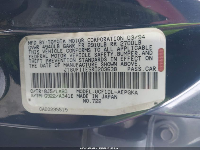 1994 Lexus Ls 400 VIN: JT8UF11E5R0203638 Lot: 43969949