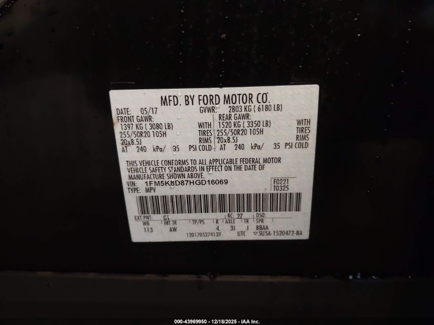 2017 Ford Explorer Xlt VIN: 1FM5K8D87HGD16069 Lot: 43969950