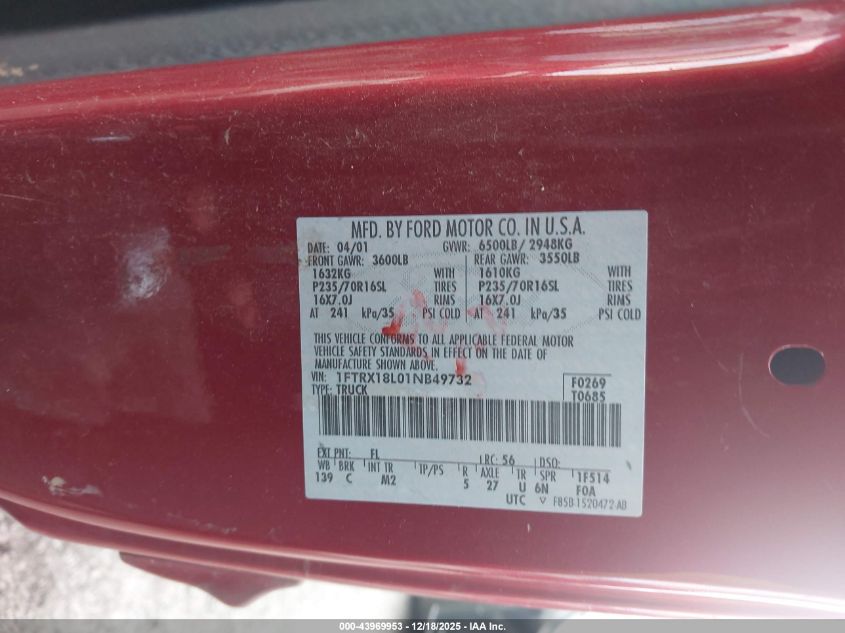 2001 Ford F-150 Lariat/Xl/Xlt VIN: 1FTRX18L01NB49732 Lot: 43969953