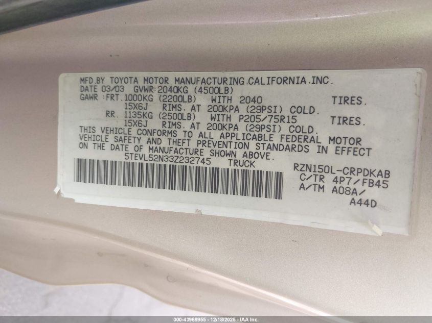 2003 Toyota Tacoma VIN: 5TEVL52N33Z232745 Lot: 43969955