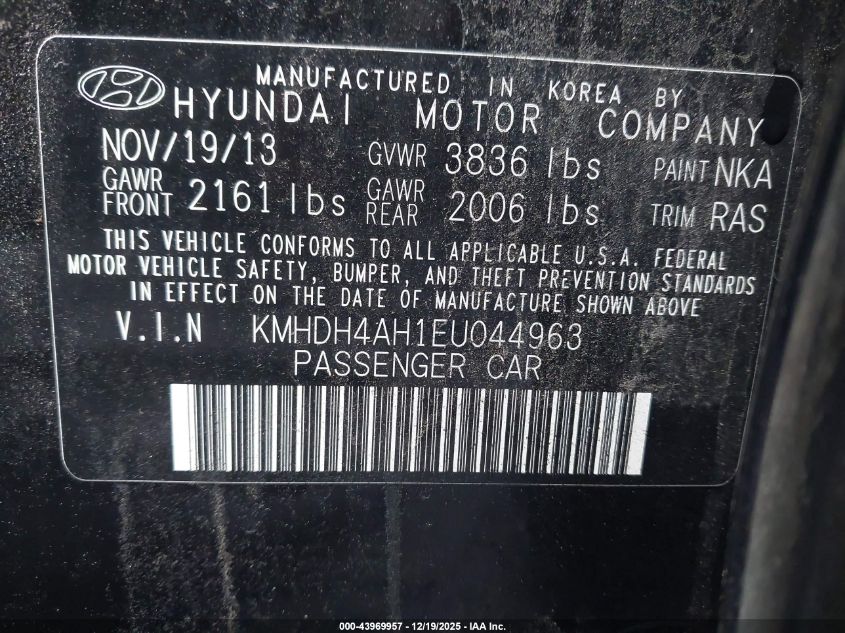 2014 Hyundai Elantra Sport VIN: KMHDH4AH1EU044963 Lot: 43969957